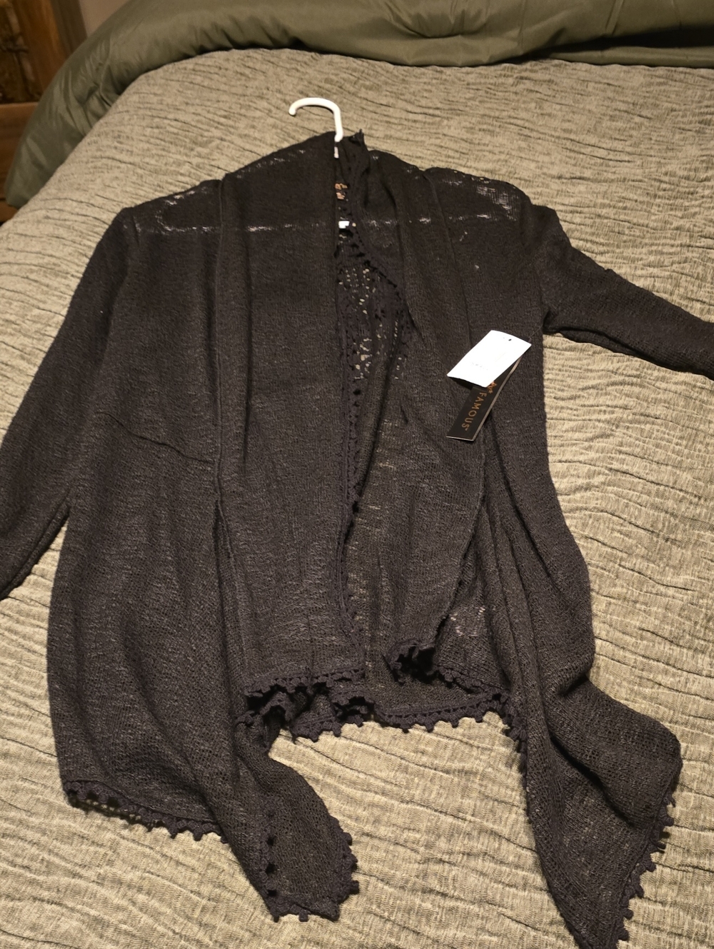 Almost Famous Black Open-Front Women’s Cardigan with Crochet Trim